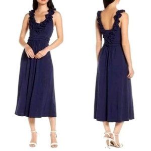 Lilly Pulitzer Navy Blue Ruffle Detail V Neck Leena Midi Dress Size XS